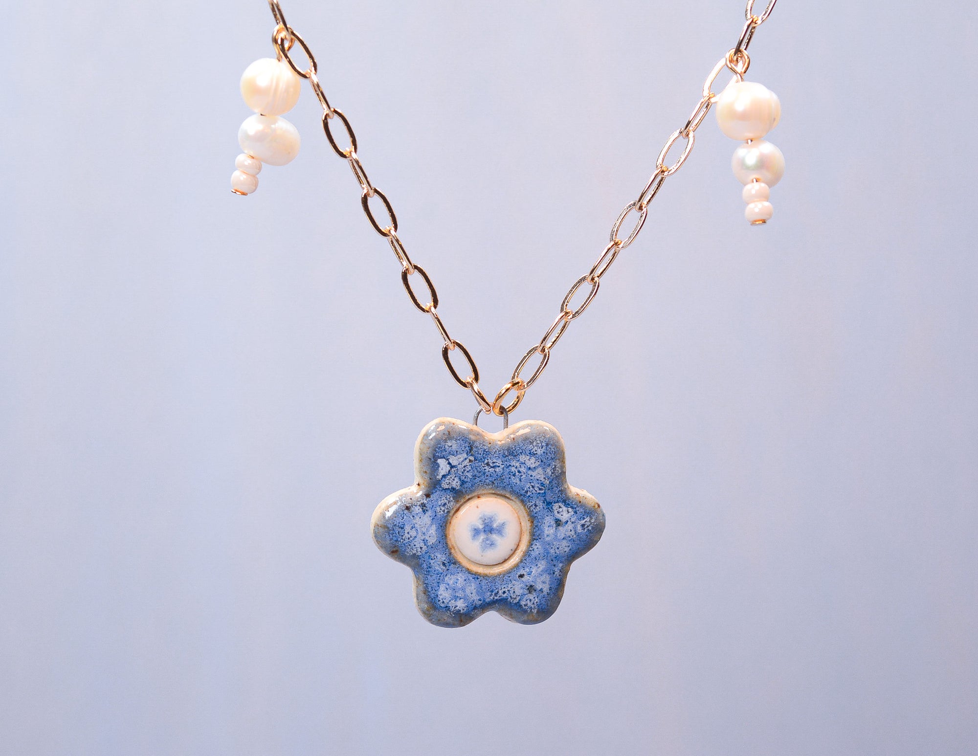 Blue Daisy and Pearls Necklace