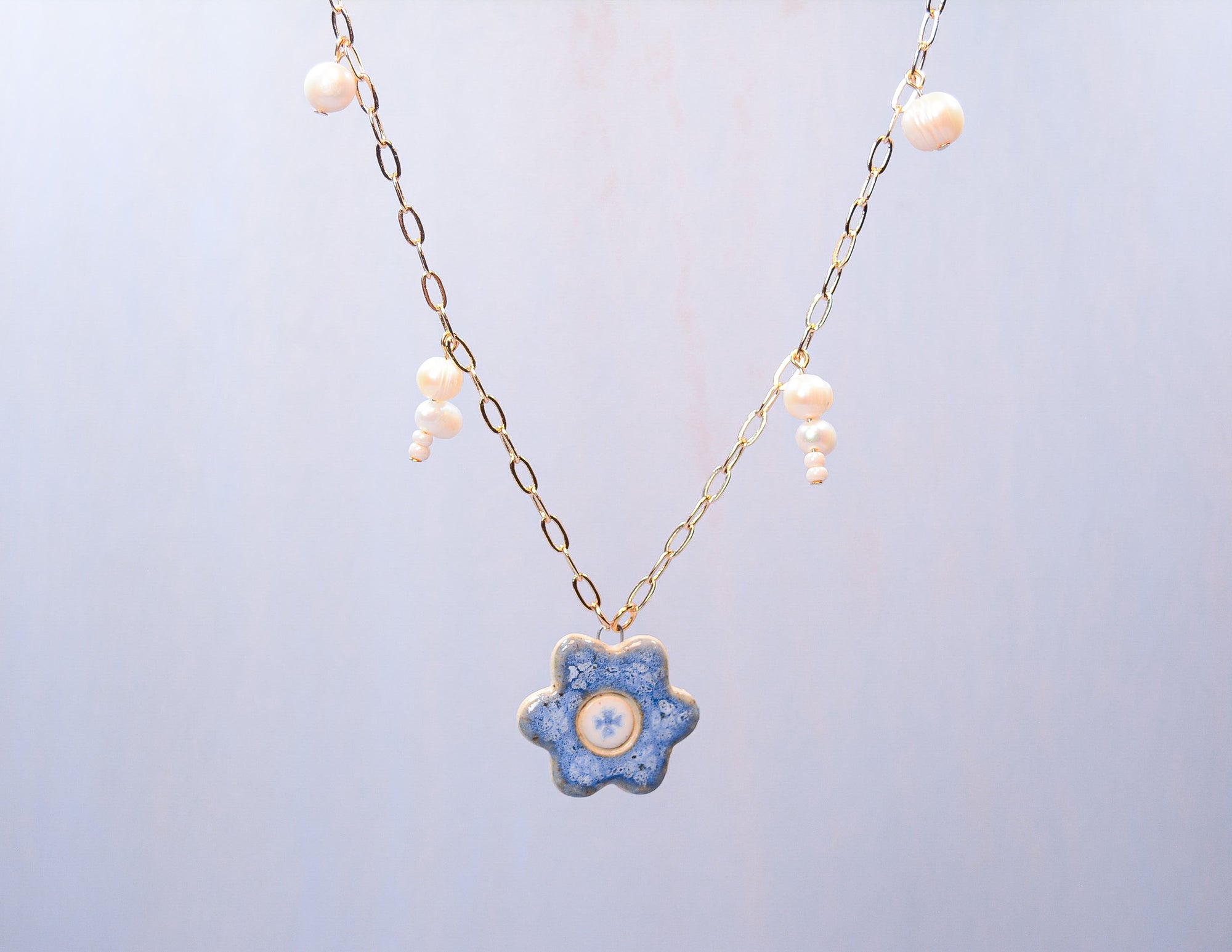 Blue Daisy and Pearls Necklace