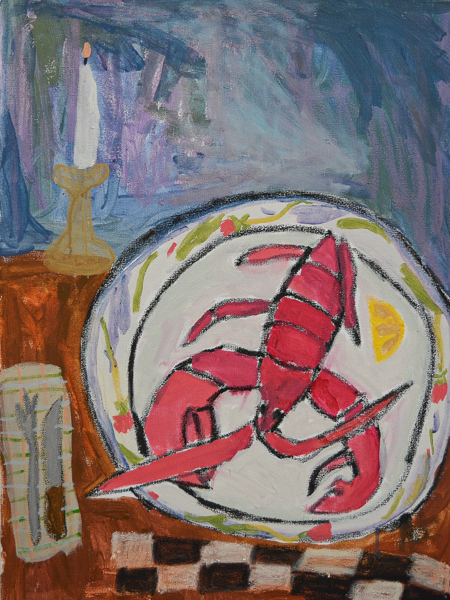 "Lobster on Poppies on Blue Plate" - Painting on Canvas 2025