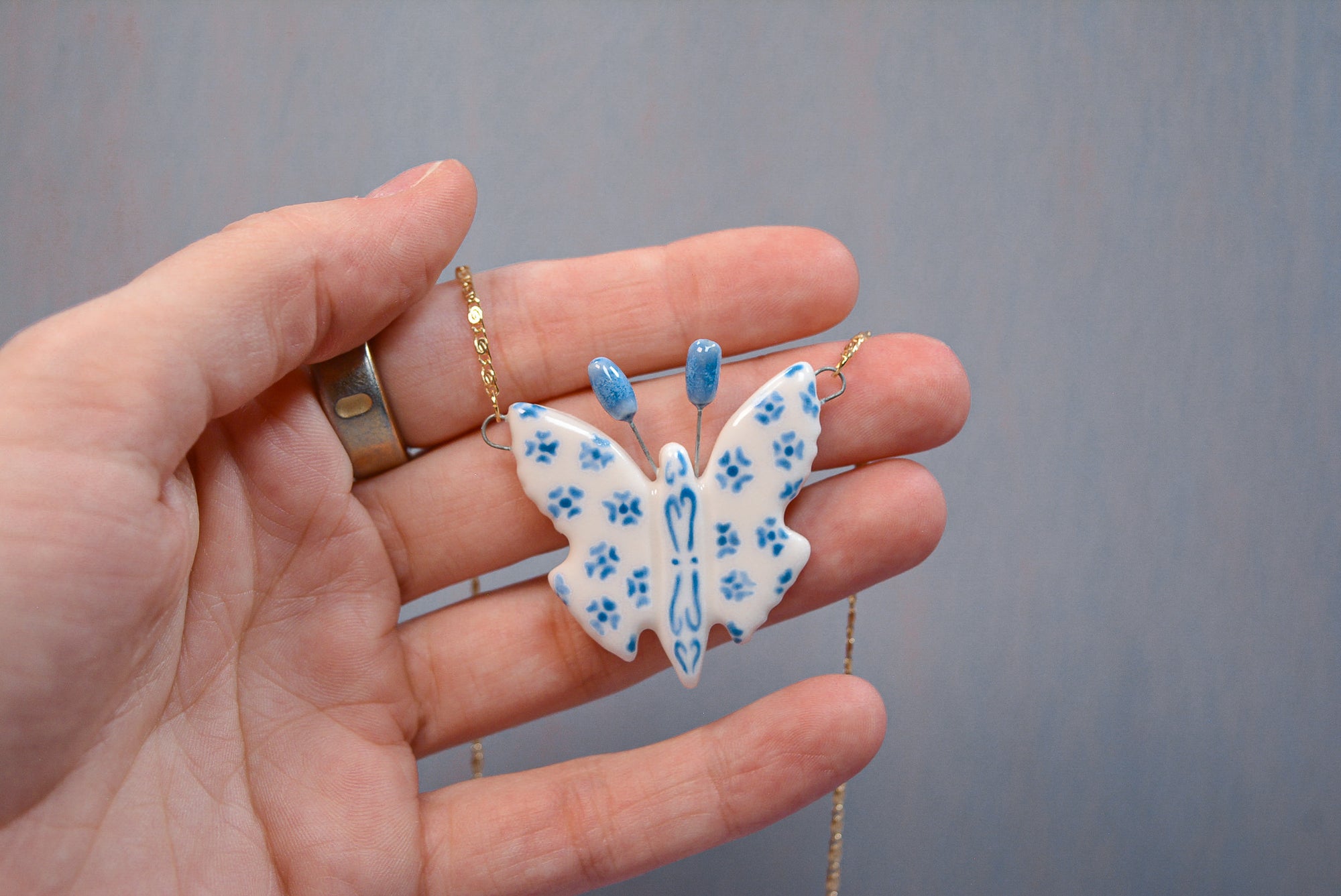 Delft Blue Butterfly Necklace