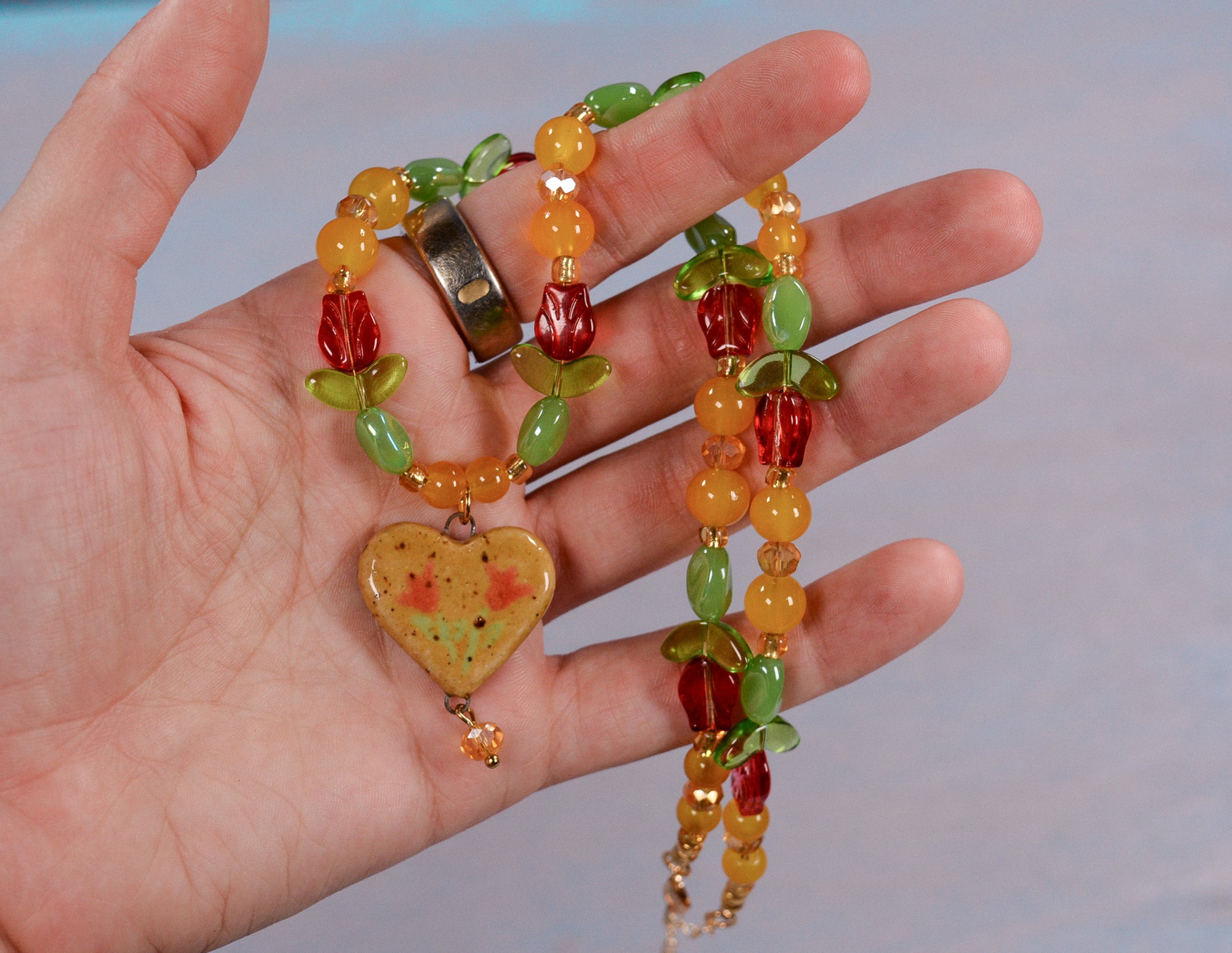 Lemon Tulip Beaded Necklace