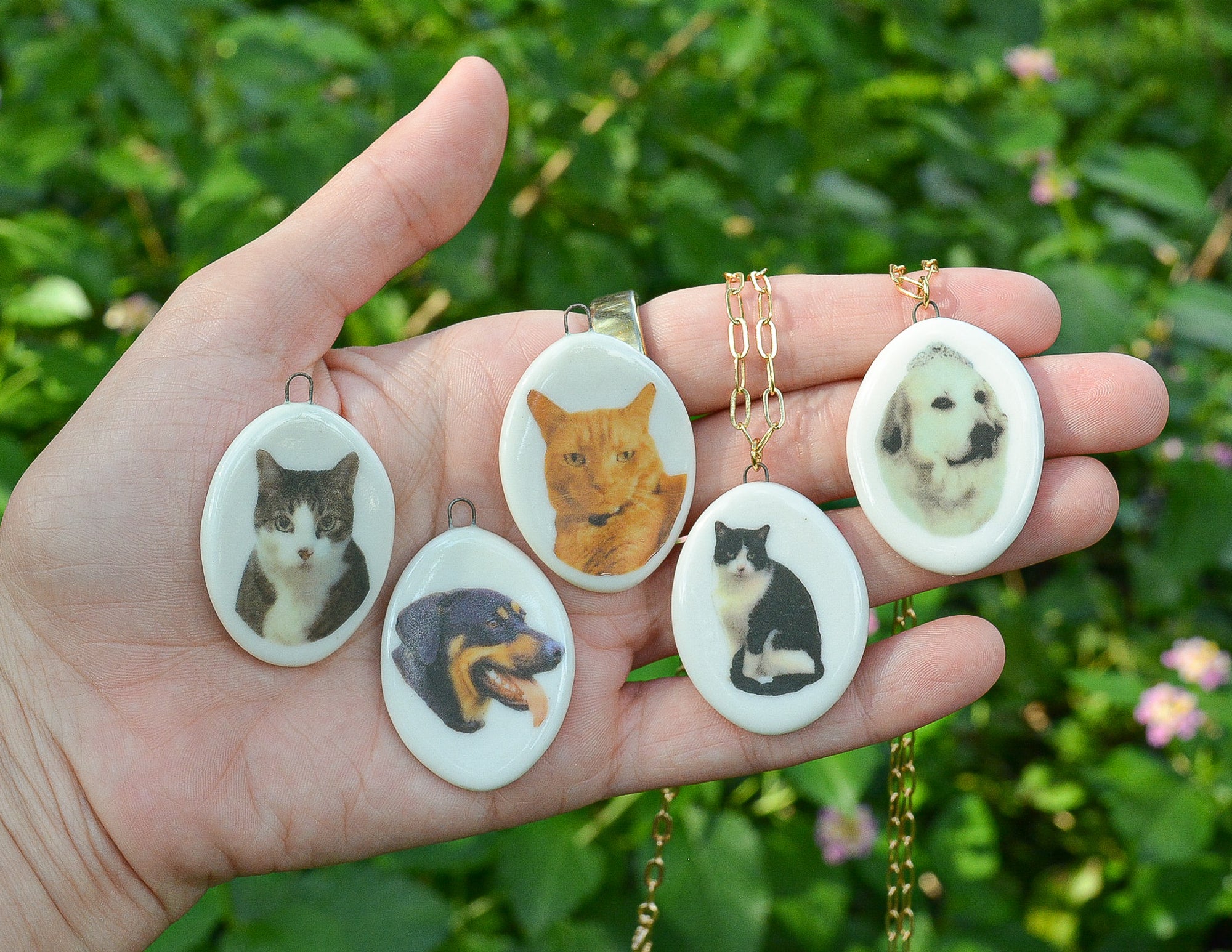 Hand holding five oval pendants with pet portraits against a green leafy background