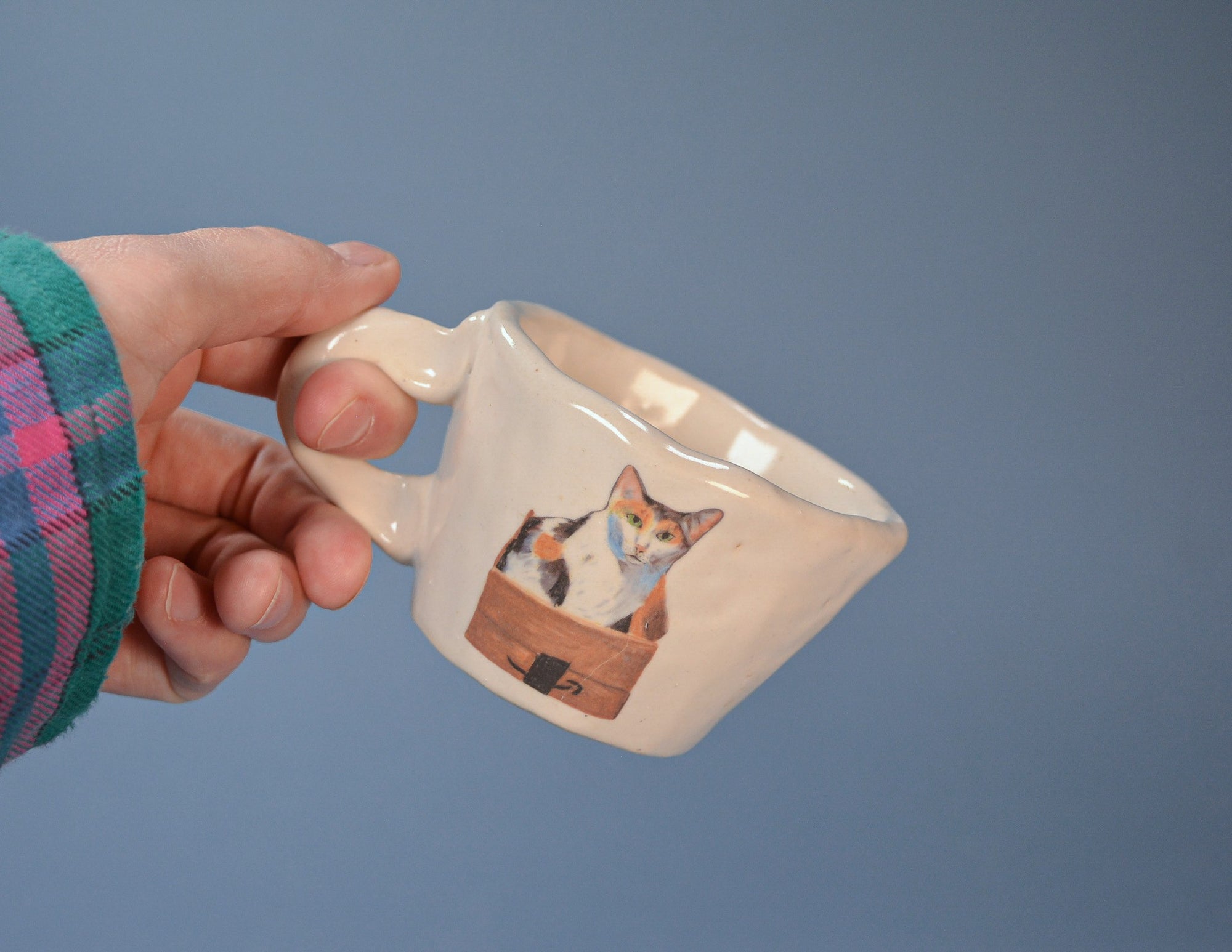 Hand holding a mug with a cat design against a blue background
