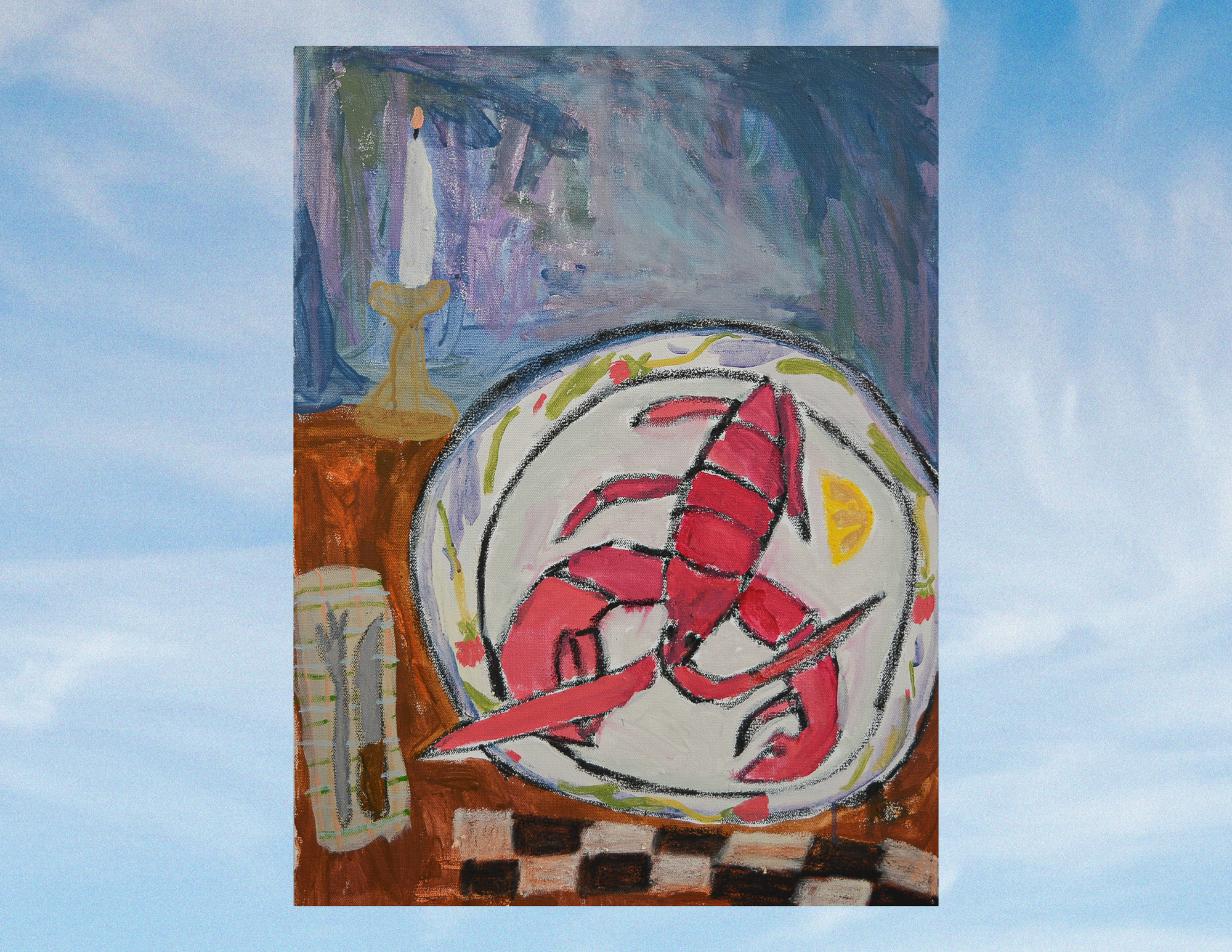 "Lobster on Poppies on Blue Plate" - Painting on Canvas 2025