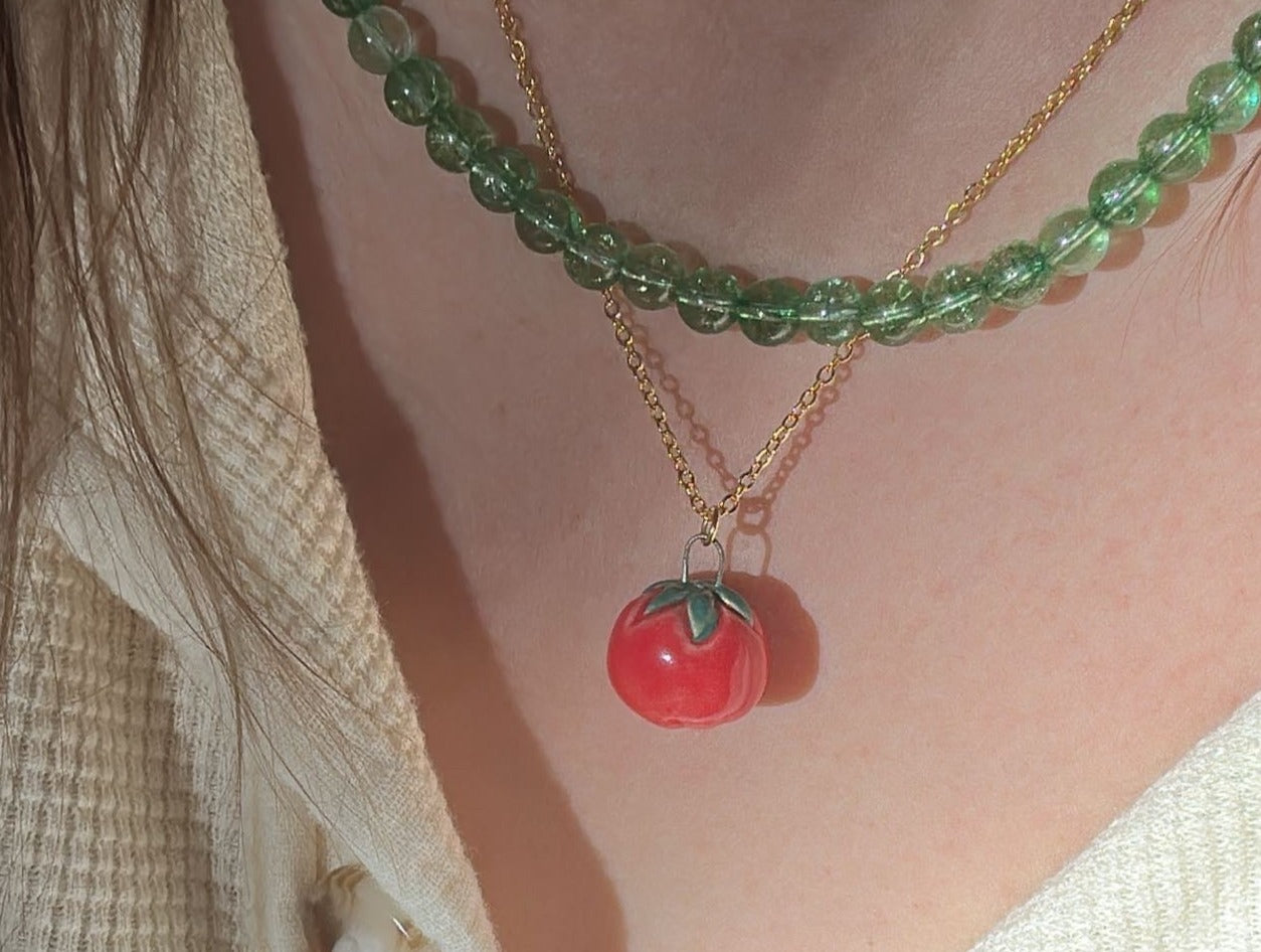 Red ceramic tomato pendant necklace - unique handmade jewelry by Juice Ceramics