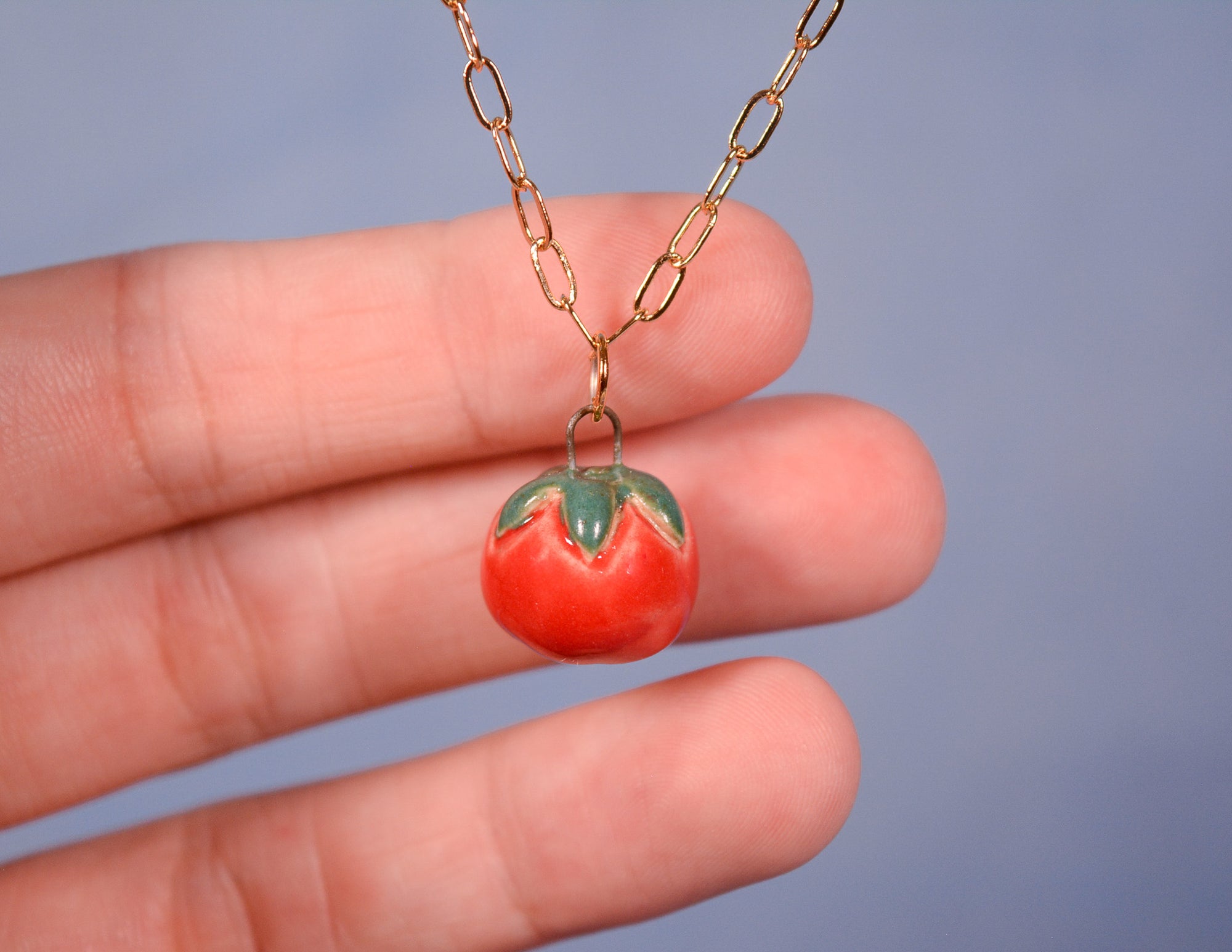 Tomato necklace ceramic pendant detail - handmade artisan jewelry by Juice Ceramics