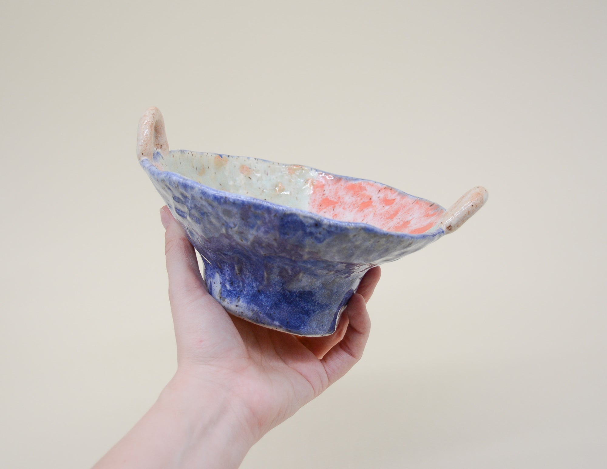 Blue Pink and Green Handled Bowl