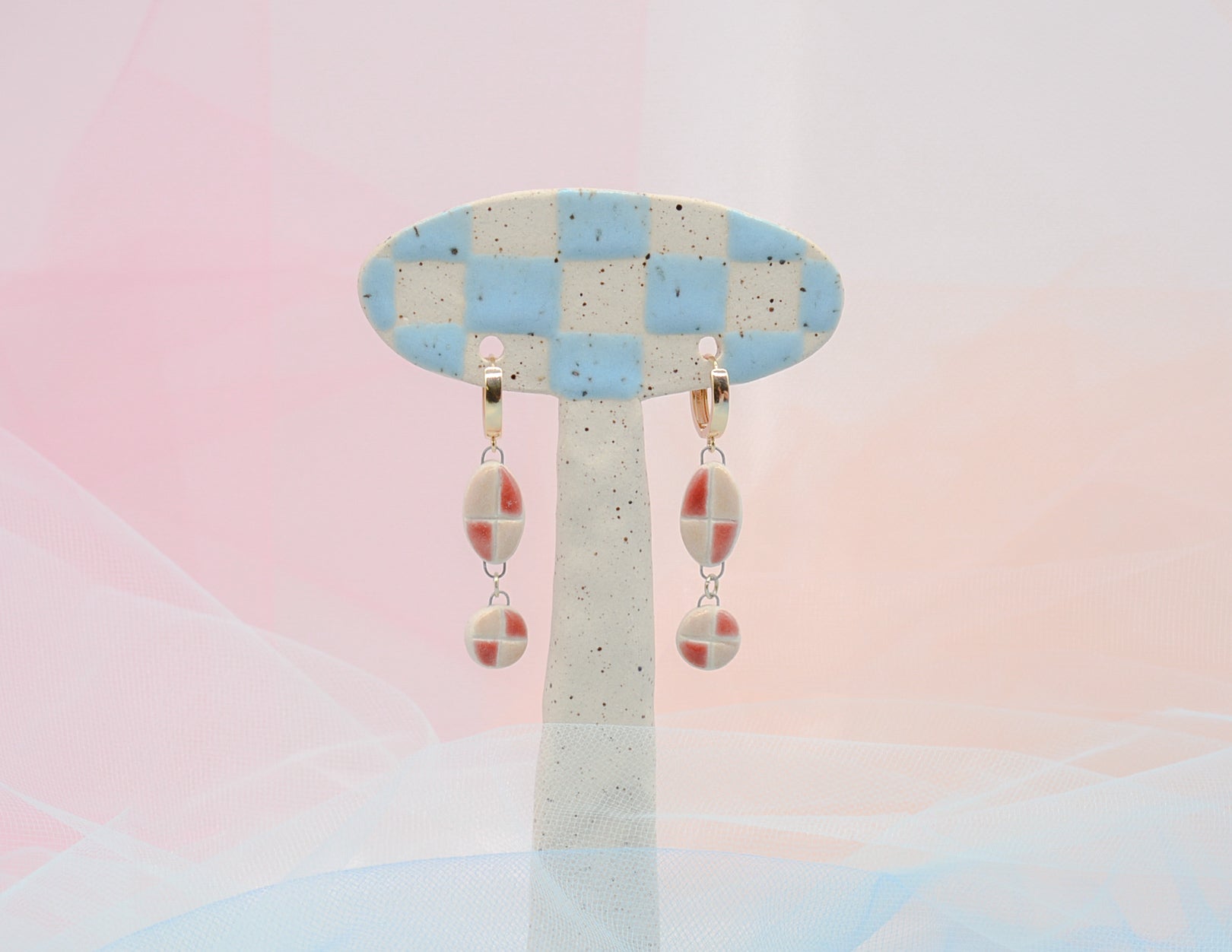 Red and Peach Checker Earrings