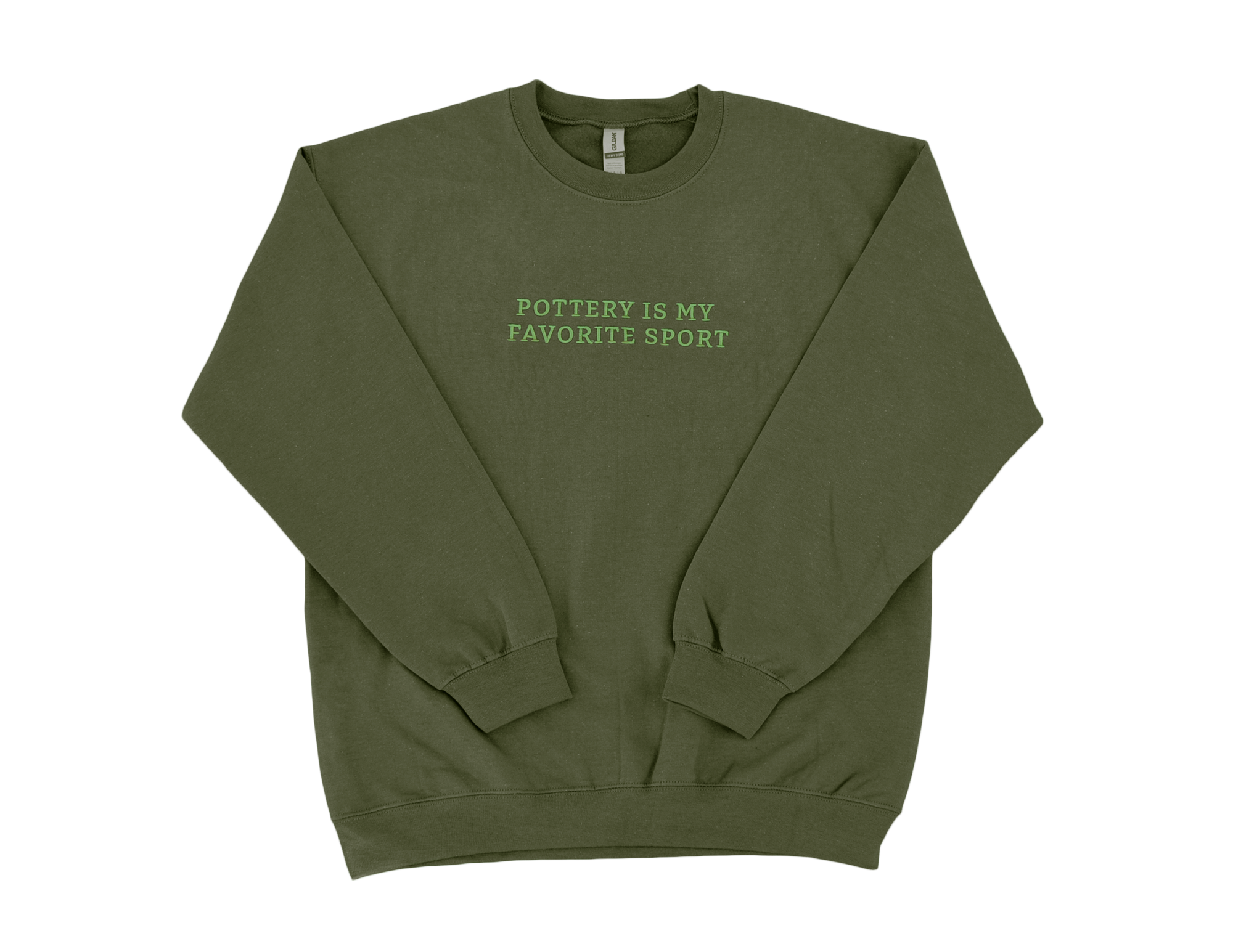 pottery Is My Favorite Sport sweatshirt in spinach green by Juice Ceramics, unisex crewneck laid flat on white background