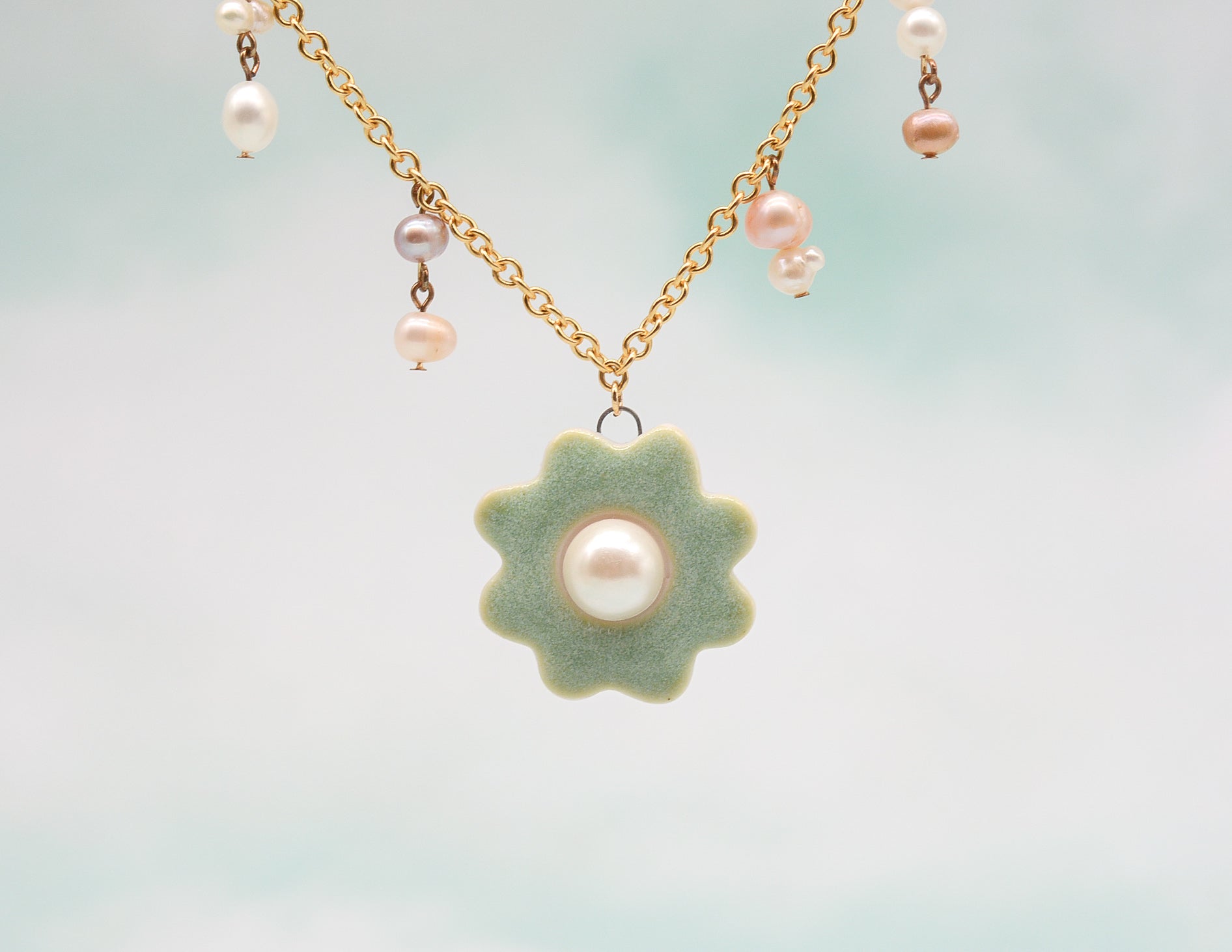 Green Daisy with Pearl Necklace